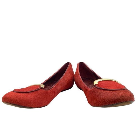 $295 TORY BURCH Jess Calf Hair Flats 7.5 Brick Red Smoking Slipper Ballet Loafer - Picture 6 of 11